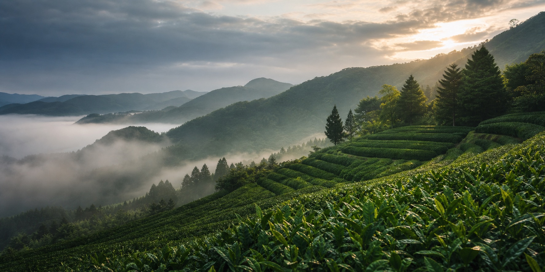 霧のかかる山あいに広がる茶畑