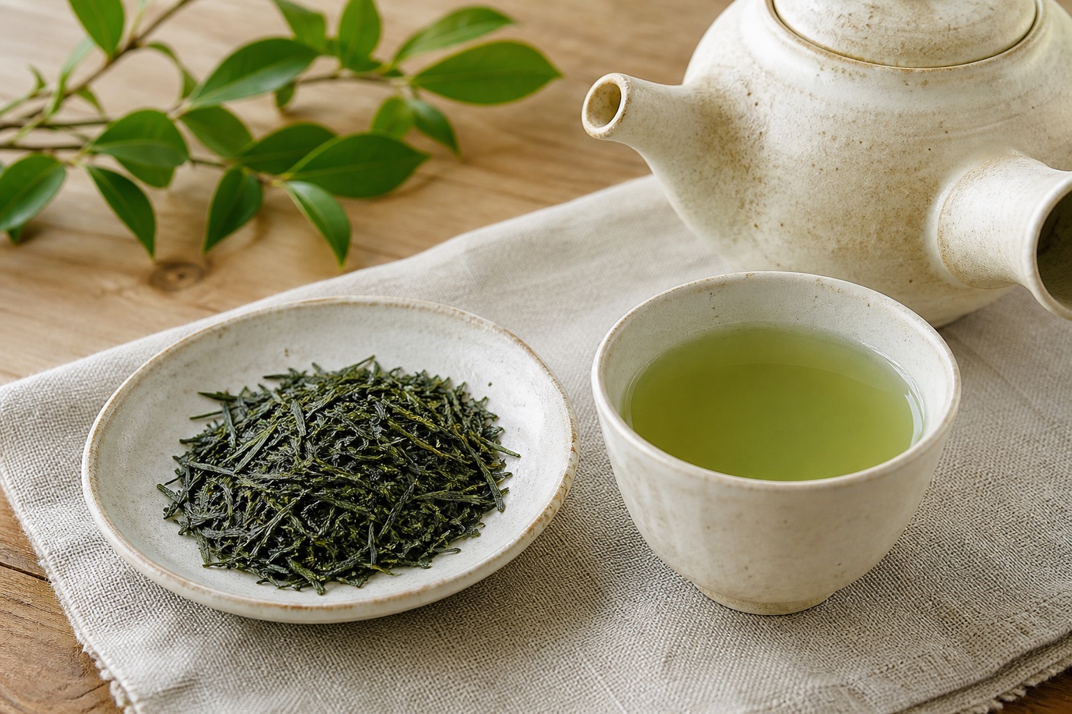 急須、湯のみ、煎茶の茶葉